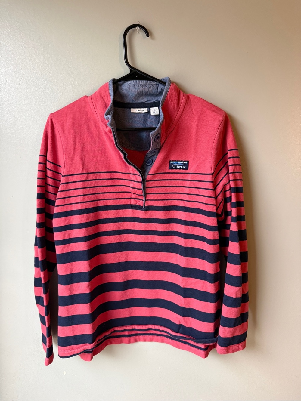 L.L.Bean Coral Pink Navy Striped Quarter Button Pullover Size Medium